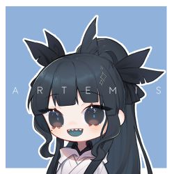 Rule 34 | 1girl, artemis of the blue, atelier live, black eyes, black hair, blue background, blue tongue, character name, chibi, colored tongue, commentary, english commentary, long hair, lowres, mole, mole under eye, open mouth, ponytail, shark girl, sharp teeth, solo, teeth, virtual youtuber, yueko (jiayue wu)