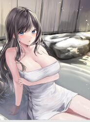 Rule 34 | 1girl, absurdres, arm support, arm under breasts, bad id, bad twitter id, bare arms, bare shoulders, bathing, black hair, blue eyes, braid, breast hold, breasts, cleavage, commentary, commission, corrupted twitter file, highres, korean commentary, large breasts, lillly, long hair, looking at viewer, naked towel, onsen, original, parted lips, rock, side braid, sidelocks, sitting on water, solo, thighs, towel, very long hair, water, wavy hair, wet