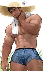 Rule 34 | 1boy, abs, absurdres, arm hair, bara, beard, blush, brown hair, bulge, chest hair, denim, denim shorts, dopey (dopq), facial hair, feet out of frame, hand on own neck, hat, highres, large pectorals, looking at viewer, male focus, mature male, muscular, muscular male, mustache, navel, nipples, original, paid reward available, pectorals, seductive smile, short hair, short shorts, shorts, sideburns, smile, solo, stomach, straw hat, stubble, sunlight, sweat, thick eyebrows, thick thighs, thighs, topless male, torn clothes, torn shorts, towel, towel around neck