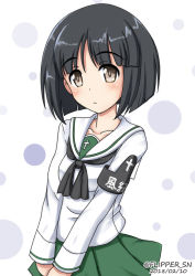 Rule 34 | 10s, 1girl, armband, black eyes, black hair, black neckerchief, blouse, blunt bangs, bob cut, closed mouth, commentary, dated, flipper, girls und panzer, gotou moyoko, green skirt, grey background, light frown, long sleeves, looking at viewer, miniskirt, neckerchief, one-hour drawing challenge, ooarai school uniform, pleated skirt, polka dot, polka dot background, school uniform, serafuku, shirt, short hair, skirt, solo, standing, twitter username, upper body, v arms, white shirt