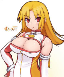 Rule 34 | 1girl, blonde hair, breasts, bursting breasts, cleavage, cleavage cutout, clothing cutout, covered erect nipples, gradient background, hand on own hip, kei jiei, large breasts, looking at viewer, open mouth, original, parted bangs, parted lips, ravioli, shinshin, simple background, sketch, solo, teeth, upper teeth only, white background
