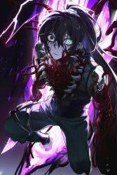 Rule 34 | 1boy, belt, black belt, black hair, black pants, black vest, blood, blood on clothes, blood on face, body horror, e.g.o (project moon), extra teeth, flesh, heterochromia, high ponytail, highres, hong lu (project moon), limbus company, long hair, long sleeves, looking at viewer, pants, parted lips, portal (object), project moon, solo, very long hair, vest, white-trick