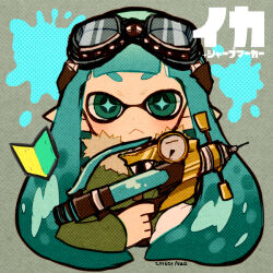 Rule 34 | 1girl, 73 (naa), :&lt;, blue hair, closed mouth, dated, diamond in eye, dot nose, fur-trimmed jacket, fur trim, goggles, goggles on head, green jacket, grey background, gun, holding, holding gun, holding weapon, inkling, inkling (language), inkling girl, inkling player character, jacket, long hair, looking at viewer, nintendo, pointy ears, signature, solo, splash-o-matic (splatoon), splatoon (series), splatter, tentacle hair, weapon