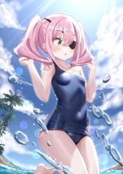 Rule 34 | 1girl, @ @, absurdres, annette (spy kyoushitsu), bare shoulders, blue one-piece swimsuit, blush, breasts, collarbone, covered navel, dated, day, eyepatch, fisheye, fluno, green eyes, hair ornament, hairclip, hands up, highres, lens flare, ocean, old school swimsuit, one-piece swimsuit, open mouth, outdoors, palm tree, pink hair, school swimsuit, signature, sky, small breasts, solo, splashing, spy kyoushitsu, swimsuit, thighs, tree, twintails