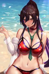 Rule 34 | 1girl, bare shoulders, beach, bikini, black hair, blush, breasts, choker, cleavage, commentary request, covered erect nipples, day, green neckwear, hair between eyes, high ponytail, highres, idolmaster, idolmaster shiny colors, lanzer, large breasts, lens flare, navel, necktie, off shoulder, ponytail, red bikini, sand, shirase sakuya, shirt, shore, stomach, swimsuit, thighs, water, waves, white shirt, yellow eyes