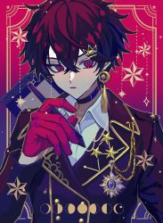 Rule 34 | 1boy, absurdres, black coat, black hair, brooch, coat, collared shirt, facing viewer, gloves, haru4aki, highres, jewelry, long sleeves, male focus, multicolored hair, open mouth, original, red eyes, red gloves, red hair, shirt, short hair, solo, star (symbol), white shirt
