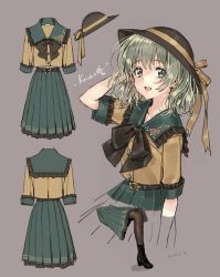 Rule 34 | 1girl, adapted costume, arm up, belt, black bow, black pantyhose, blouse, boots, bow, character name, commentary request, dated, green eyes, green hair, green skirt, grey background, hat, hat ribbon, jiinyo (awamoe1207), komeiji koishi, pantyhose, pleated skirt, ribbon, sailor collar, school uniform, shirt, short sleeves, simple background, skirt, solo, touhou, yellow ribbon
