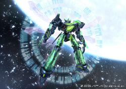 Rule 34 | arm blade, clenched hands, copyright name, dated, energy wings, floating, green eyes, highres, looking at viewer, mecha, planet, robot, science fiction, solo, space, weapon, yoshinobuta, zegapain, zegapain altair