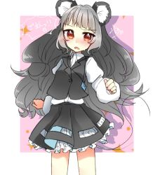 Rule 34 | 1girl, abe suke, alternate hair length, alternate hairstyle, animal ears, blush, brown eyes, buttons, collared shirt, commentary request, cowboy shot, grey hair, juliet sleeves, long hair, long sleeves, looking at viewer, mouse ears, mouse tail, nazrin, open mouth, puffy sleeves, shirt, signature, skirt, skirt set, solo, sweat, tail, touhou, white shirt