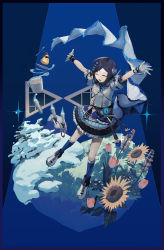 Rule 34 | 1girl, :d, ^ ^, absurdres, aiba uiha, aoaso, arms up, black hair, blue background, blue socks, blue skirt, cake, candle, closed eyes, commentary, cup, dancing, closed eyes, flower, food, frilled skirt, frills, full body, gloves, highres, kneehighs, mug, nijisanji, o/, open mouth, outstretched arms, pink flower, shirt, shoes, skirt, smile, snow, socks, solo, sunflower, tulip, virtual youtuber, white footwear, white gloves, white shirt, yellow flower