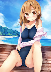 Rule 34 | 1girl, asuna (sao), bare shoulders, blue one-piece swimsuit, blurry, blurry background, blush, breasts, brown eyes, brown hair, cameltoe, collarbone, competition school swimsuit, day, groin, highres, long hair, looking at viewer, medium breasts, miyuki (yxbt7), navel, off shoulder, one-piece swimsuit, outdoors, school swimsuit, sitting, skin tight, smile, solo, swimsuit, sword art online
