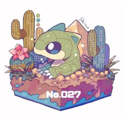 Rule 34 | alternate color, artist name, bright pupils, cactus, claws, color guide, commentary request, creatures (company), faux figurine, flower, game freak, gen 1 pokemon, grass, nintendo, no humans, pink flower, plant, pokedex number, pokemon, pokemon (creature), pyramid (structure), sandshrew, shino (shinoru p), shiny pokemon, simple background, solo, sparkle, white background, white pupils