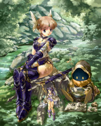 Rule 34 | 1boy, 2girls, armor, bandages, blue eyes, book, brown hair, elbow gloves, fairy, fantasy, forest, gloves, head wings, hood, mini person, minigirl, mortar (bowl), multiple girls, musical note, nature, purple eyes, sheath, sheathed, sitting, size difference, sleeping, stream, sword, thighhighs, tree shade, tree stump, uchiu kazuma, valkyrie, warlock, warrior, water, weapon, wings, zzz