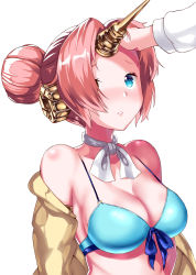 Rule 34 | 1girl, bare shoulders, bikini, blue bikini, blue eyes, blush, breasts, cleavage, collarbone, double bun, fate/grand order, fate (series), forehead, frankenstein&#039;s monster (fate), frankenstein&#039;s monster (swimsuit saber) (fate), frankenstein&#039;s monster (swimsuit saber) (first ascension) (fate), hair bun, headpat, highres, horns, jacket, long sleeves, medium breasts, nose blush, off shoulder, out of frame, parted bangs, parted lips, pikunoma, short hair, side bun, simple background, single horn, single side bun, solo focus, swimsuit, white background, yellow jacket