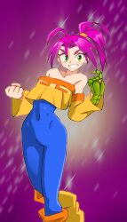 Rule 34 | 1girl, bare shoulders, covered navel, detached sleeves, gloves, green eyes, high ponytail, legaia densetsu, looking at viewer, noa (legaia densetsu), onnaski, ponytail, short hair, short ponytail, single glove, smile, solo, strapless, tube top, unitard