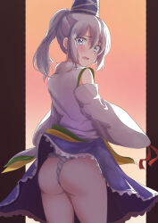 Rule 34 | 1girl, absurdres, ass, blue eyes, blue hat, blue skirt, blush, commentary request, commission, coonel-place, frilled skirt, frills, from behind, fundoshi, grey hair, hat, highres, japanese clothes, kariginu, long sleeves, looking at viewer, looking back, medium hair, mononobe no futo, open mouth, orange background, ponytail, skirt, solo, tate eboshi, tearing up, touhou, wide sleeves