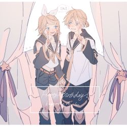 Rule 34 | 1boy, 1girl, anniversary, bare shoulders, bass clef, blonde hair, blue eyes, bow, brother and sister, collarbone, curtains, detached sleeves, eye contact, grin, hair bow, hair ornament, hairclip, holding hands, happy birthday, hayuri (htkymhyr), headphones, headset, highres, index finger raised, kagamine len, kagamine rin, leg warmers, looking at another, midriff, navel, necktie, sailor collar, shirt, short hair, shorts, siblings, sleeveless, sleeveless shirt, smile, treble clef, twins, vocaloid, yellow neckwear