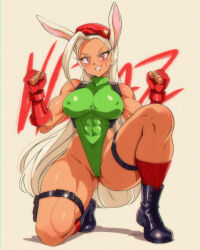 1girl absurdres ahoge animal_ears artist_name bare_legs bare_shoulders beret biceps black_boots blush boku_no_hero_academia boots breasts cameltoe cammy_white cammy_white_(cosplay) clenched_hands combat_boots commentary cosplay covered_abs covered_erect_nipples covered_navel dark-skinned_female dark_skin facial_scar fingerless_gloves full_body garrison_cap gloves gluteal_fold green_leotard grin hat highleg highleg_leotard highres holster knee_up large_breasts leotard long_eyelashes long_hair looking_at_viewer mirko on_one_knee parted_bangs rabbit_ears rabbit_girl red_eyes red_gloves red_hat scar scar_on_cheek scar_on_face simple_background sleeveless_turtleneck_leotard smile solo spread_legs street_fighter thick_thighs thigh_holster thigh_strap thighs toned toned_female very_long_hair vizaz white_hair