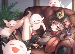 Rule 34 | 1girl, boo tao (genshin impact), brown hair, chirang, flower-shaped pupils, genshin impact, hat, highres, hu tao (genshin impact), looking at viewer, lying, open mouth, red eyes, solo, symbol-shaped pupils, thighs, twintails