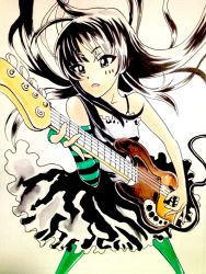 Rule 34 | 1girl, akiyama mio, bad id, bad pixiv id, bass guitar, black eyes, black hair, blush, comic, don&#039;t say &quot;lazy&quot;, dress, facepaint, fingerless gloves, gloves, hat, hime cut, instrument, k-on!, left-handed, long hair, mini hat, mini top hat, pantyhose, solo, top hat
