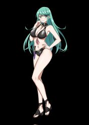 Rule 34 | 1girl, alternate costume, aqua eyes, aqua hair, bikini, black background, black bikini, black footwear, blush, breasts, byleth (female) (fire emblem), byleth (female) (fire emblem) (cosplay), byleth (female) (summer) (fire emblem), byleth (fire emblem), byleth (fire emblem) (cosplay), cleavage, commentary, commentary request, contrapposto, cosplay, dagger, english commentary, female focus, fire emblem, fire emblem: three houses, fire emblem heroes, full body, hand on own hip, hand to own mouth, highres, jewelry, knife, long hair, looking at viewer, matching hair/eyes, midriff, navel, necklace, nintendo, nottme, pneuma (xenoblade), sheath, sheathed, simple background, smile, solo, standing, swimsuit, toeless footwear, weapon, xenoblade chronicles (series), xenoblade chronicles 2