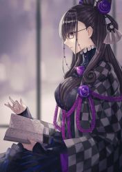 Rule 34 | 1girl, black dress, black hair, book, breasts, commentary, cone hair bun, double bun, dress, eyewear strap, fate/grand order, fate (series), from side, glasses, hair between eyes, hair bun, hair ornament, highres, holding, holding book, large breasts, long hair, long sleeves, murasaki shikibu (fate), murasaki shikibu (second ascension) (fate), parted lips, puffy sleeves, purple eyes, reading, sleeves past wrists, solo, thkani, two side up, window