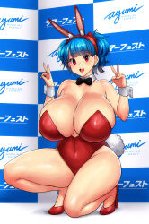 Rule 34 | 1girl, animal ears, bare legs, bare shoulders, black bow, black bowtie, blue hair, bow, bowtie, breasts, cleavage, covered navel, detached collar, double v, earrings, erkaz, fake animal ears, high heels, highres, huge breasts, jewelry, leotard, looking at viewer, open mouth, original, playboy bunny, rabbit ears, rabbit tail, red eyes, red footwear, red leotard, rina atherina, shadow, short hair, solo, strapless, strapless leotard, tail, thick thighs, thighs, v, wrist cuffs