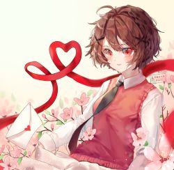 Rule 34 | 1girl, ahoge, artist name, black necktie, branch, breasts, collared shirt, commentary, commission, dated, english commentary, envelope, flower, hair ornament, hairclip, heart, kobutanori, letter, love letter, necktie, original, pink flower, red ribbon, ribbon, school uniform, shirt, small breasts, solo, sweater vest, upper body, white shirt, x hair ornament