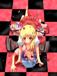 Rule 34 | 2girls, all fours, bad feet, barefoot, bat wings, blonde hair, blush, bow, caught, checkered floor, dress, earl ram, feet, female focus, flandre scarlet, flower, hair bow, hair down, hat, incest, light purple hair, looking at viewer, looking up, lying, multiple girls, no headwear, no headwear, on back, open clothes, open shirt, petals, red eyes, remilia scarlet, rose, shirt, siblings, sisters, skirt, touhou, wings, yuri