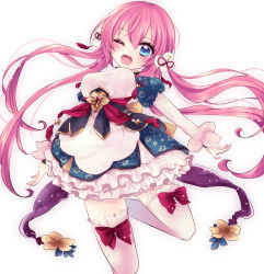 Rule 34 | 1girl, arms at sides, blue eyes, blush, breasts, diascia (flower knight girl), flower, flower knight girl, frilled skirt, frills, hair flower, hair ornament, large breasts, long hair, looking at viewer, low twintails, nako (7cona5), one eye closed, open mouth, pink hair, ribbon, sash, simple background, skirt, solo, thighhighs, twintails, white background, white thighhighs