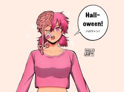 Rule 34 | 1girl, artist name, chainsaw man, cosmo (chainsaw man), crop top, dangling eye, exposed brain, hair between eyes, hair ribbon, heart, heart-shaped pupils, highres, looking at viewer, medium hair, midriff, open mouth, pink eyes, pink hair, pink shirt, ribbon, shirt, short twintails, simple background, smilesimplyart, solo, speech bubble, symbol-shaped pupils, twintails