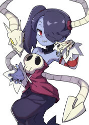 Rule 34 | 1girl, absurdres, blue hair, blue nails, blue skin, colored skin, detached collar, dress, gazacy (dai), hair over one eye, highres, leviathan (skullgirls), red eyes, skeletal arm, skullgirls, smile, solo, squigly (skullgirls), stitched mouth, stitches, striped sleeves, white background, zombie