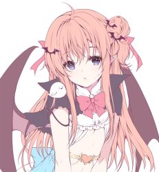 Rule 34 | 1girl, :o, ahoge, bat hair ornament, belt, black capelet, blue eyes, bow, bowtie, capelet, center opening, commentary request, creature, creature on shoulder, dress, ghost, hair bun, hair ornament, hair ribbon, heart, long hair, looking at viewer, miwabe sakura, muted color, on shoulder, one side up, original, parted lips, pink bow, pink bowtie, pink hair, pink ribbon, pointy ears, ribbon, short sleeves, sidelocks, simple background, single hair bun, solo, stomach, upper body, white background, white dress, wings