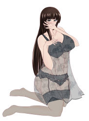 Rule 34 | 1girl, berumina, bra, breasts, brown eyes, brown hair, covering own mouth, frilled bra, frills, garter belt, girls und panzer, highres, kneeling, large breasts, lingerie, long hair, looking at viewer, mature female, navel, negligee, nishizumi shiho, solo, thighhighs, underwear, white background