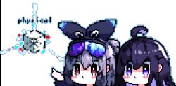 2girls ahoge animated animated_gif brown_eyes closed_mouth cube downvote_(downvote_me) english_text gameplay_mechanics goggles goggles_on_head grey_hair hair_ribbon honkai:_star_rail honkai_(series) long_hair multiple_girls portrait purple-tinted_eyewear purple_eyes ribbon seele_(honkai:_star_rail) silver_wolf_(honkai:_star_rail) tinted_eyewear white_background