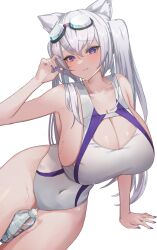 Rule 34 | bottle, breasts, cleavage, cleavage cutout, clothing cutout, goggles, goggles on head, highres, holding, holding hair, large breasts, light smile, long hair, looking at viewer, navel, one-piece swimsuit, original, plaster (2501), purple eyes, sideboob, simple background, skin tight, swimsuit, thick thighs, thighs, twintails, water bottle, wet, white background, white hair, white one-piece swimsuit