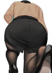 Rule 34 | anti (0324), ass, bad id, bad twitter id, black pantyhose, black skirt, brown shirt, business suit, foreshortening, formal, from behind, from below, high heels, kneeling, miniskirt, office lady, on one knee, pantyhose, pantylines, pencil skirt, shirt, skin tight, skirt, skirt suit, solo, suit, tight skirt