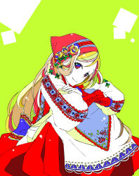 Rule 34 | 1girl, alternate costume, alternate eye color, apron, axis powers hetalia, blonde hair, blue eyes, colored skin, dress, flower, hat, hat flower, head scarf, headdress, hugging own legs, hungary (hetalia), long sleeves, looking at viewer, moyashi nabe, multicolored eyes, multicolored hair, puffy sleeves, simple background, sitting, skirt, solo, traditional clothes, waist apron, white skin