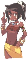 Rule 34 | 1girl, bandeau, black hair, breasts, dark-skinned female, dark skin, etrian odyssey, grey eyes, hand on own hip, highleg, highleg swimsuit, highres, index finger raised, legs, looking at viewer, navel, official art, open mouth, ponytail, sarong, shilleka, small breasts, smile, solo, swimsuit, thighs, tribal