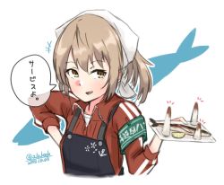 Rule 34 | 1girl, alakoala, apron, armband, bandana, black apron, brown eyes, commentary request, fish, green armband, highres, jacket, kantai collection, light brown hair, looking at viewer, michishio (kancolle), one-hour drawing challenge, red jacket, saury, short hair, simple background, solo, track jacket, tray, upper body, white background