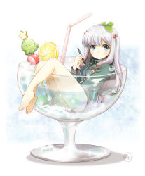 Rule 34 | 10s, 1girl, alcohol, bare legs, barefoot, bendy straw, blue eyes, blush, bow, cocktail, cup, drinking straw, eromanga sensei, expressionless, feet, food, fruit, full body, hair bow, highres, in container, in cup, izumi sagiri, jacket, leaf, leaf on head, lemon, lemon slice, long hair, long sleeves, looking at viewer, looking to the side, low-tied long hair, mini person, minigirl, partially submerged, pink bow, silver hair, sitting, solo, sparkle, stylus, subin, toothpick