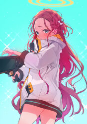 Rule 34 | 1girl, absurdres, amana (pocketkey), blue archive, blue background, blue eyes, bow, closed mouth, gun, hair bow, halo, highres, holding, holding gun, holding weapon, jacket, long hair, long sleeves, looking at viewer, pink bow, red hair, simple background, solo, thighs, very long hair, weapon, white jacket, yuzu (blue archive)