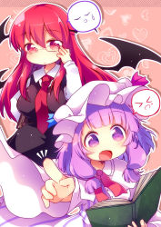 Rule 34 | &gt; &lt;, 2girls, :d, adjusting eyewear, bat wings, bespectacled, blunt bangs, blush, book, bow, breasts, capelet, chibi, collared shirt, commentary request, dress, dress shirt, expressionless, fang, foreshortening, glasses, hair between eyes, hair ribbon, hat, hat bow, head wings, heart, holding, holding book, index finger raised, koakuma, long hair, long sleeves, looking at viewer, matatabi (nigatsu), medium breasts, mob cap, multiple girls, necktie, no nose, open book, open mouth, outline, patchouli knowledge, pink background, purple eyes, purple hair, reading, red eyes, red hair, red neckwear, ribbon, shirt, sidelocks, skirt, skirt set, smile, speech bubble, striped clothes, striped dress, touhou, tress ribbon, vertical-striped clothes, vertical-striped dress, vest, wings, xd