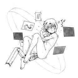 Rule 34 | !, !!, 1girl, anal, anal beads, anal object insertion, barefoot, blush, breasts, dildo, double dildo, double insertion, double penetration, feet, floating screen, full body, graphite (medium), greyscale, harumachi nagaaki, looking at viewer, machine, monochrome, motion lines, multiple penetration, nipples, nude, object insertion, original, parted lips, sex machine, sex toy, short hair, simple background, solo, surprised, sweat, toes, traditional media, vaginal, vaginal object insertion, white background, wide-eyed