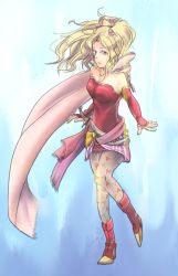Rule 34 | 1990s (style), 1girl, blonde hair, breasts, cape, detached sleeves, female focus, final fantasy, final fantasy vi, full body, gradient background, green eyes, long hair, pantyhose, retro artstyle, sap (maple leaf), solo, tina branford