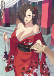 Rule 34 | 1girl, alternate costume, bare shoulders, breasts, brown eyes, brown hair, cleavage, commission, fire emblem, fire emblem fates, hair ornament, hair over one eye, hand grab, highres, japanese clothes, kagero (fire emblem), kimono, large breasts, long hair, looking at viewer, lower teeth only, mzrz, nintendo, parted lips, ponytail, red kimono, solo, teeth, very long hair