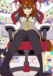 Rule 34 | 3girls, agnes tachyon (umamusume), animal ears, black hair, black pantyhose, blonde hair, blue eyes, blue hair, brown eyes, brown hair, chair, coat, colored inner hair, embarrassed, gaming chair, gradient hair, highres, horse ears, horse girl, manhattan cafe (umamusume), multicolored hair, multiple girls, neo universe (umamusume), no shoes, open clothes, open coat, open mouth, pantyhose, shirt, sitting, sleeves past fingers, sleeves past wrists, streaked hair, swivel chair, tongue, tongue out, umamusume, wahiko (black bastard), wavy mouth, white coat, yellow shirt