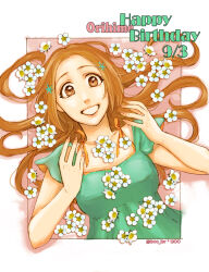 Rule 34 | 1girl, bleach, boo br, brown eyes, brown hair, collarbone, dated, flower, green shirt, hair ornament, hairpin, happy birthday, inoue orihime, long hair, looking at viewer, open mouth, petals, shirt, short sleeves, sidelocks, solo, upper body