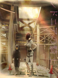 Rule 34 | 1boy, 1girl, bad id, bad pixiv id, boots, breasts, brown hair, chromatic aberration, dust, expressionless, factory, gloves, hair over one eye, hand on own hip, hard hat, headband, helmet, large breasts, light rays, looking at viewer, pocket, ponytail, sasaki (sidonia no kishi), science fiction, sidonia no kishi, standing, sunbeam, sunlight, traffic cone, uniform, wrench, yoh irie