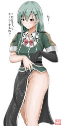 Rule 34 | 1girl, adjusting clothes, aqua eyes, aqua hair, artist name, belt, black belt, black gloves, blush, bow, breasts, chikuma (kancolle), chikuma (kancolle) (cosplay), commentary request, cosplay, costume switch, elbow gloves, embarrassed, epaulettes, gloves, green jacket, hair between eyes, hair ornament, hairclip, highres, jacket, kantai collection, long hair, medium breasts, no panties, shirt, short sleeves, sidelocks, simple background, single glove, smile, solo, standing, suzuya (kancolle), thighs, translation request, white background, yano toshinori
